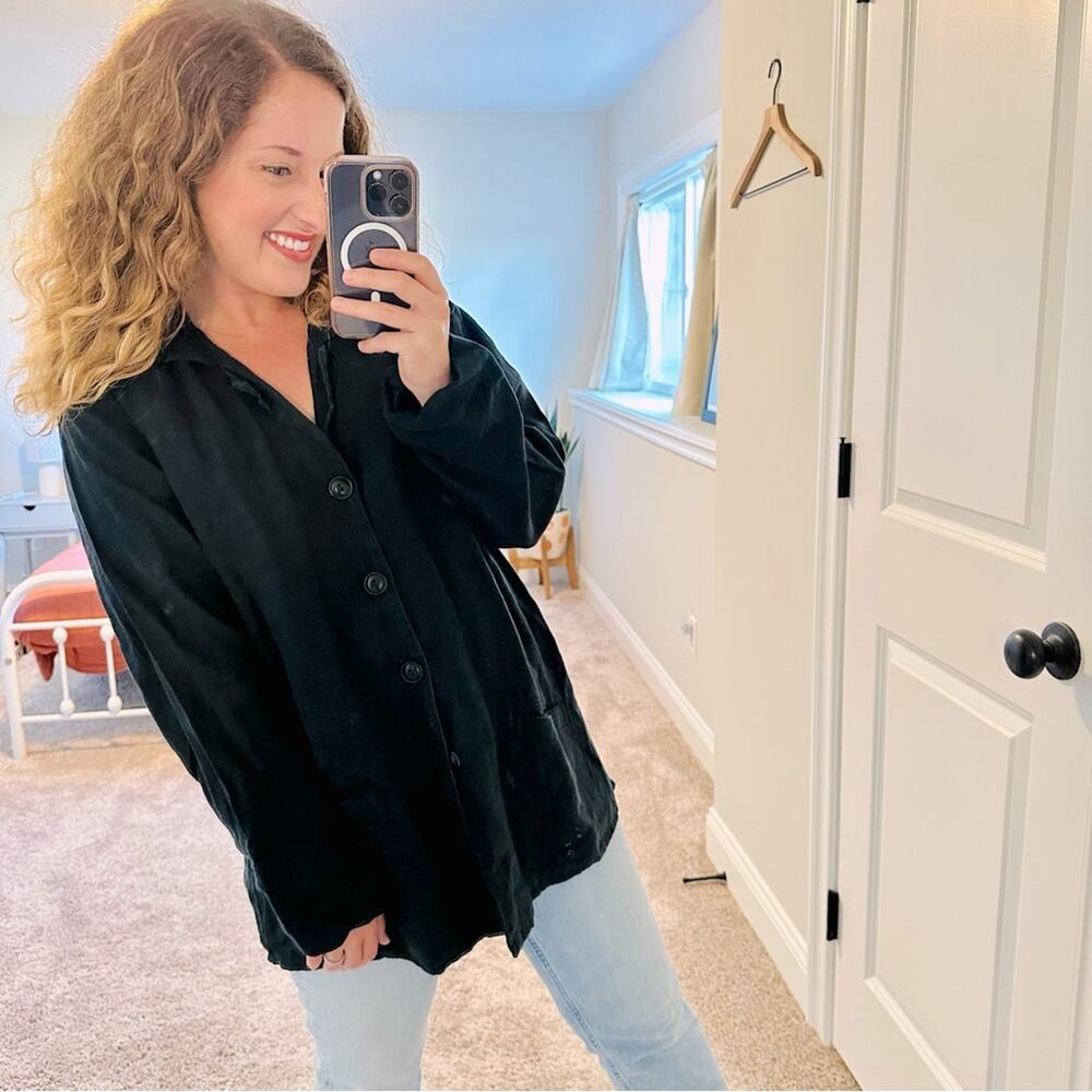 Vintage FLAX Black Linen Jacket Top Button Down Oversized Small